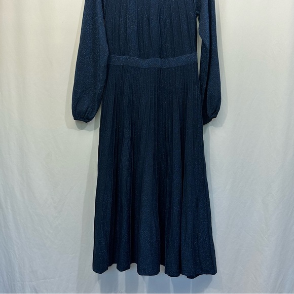 THE FOLD London Lumia Knitted Long Sleeve Pleated Midi Dress in Metallic Blue - Picture 6 of 16